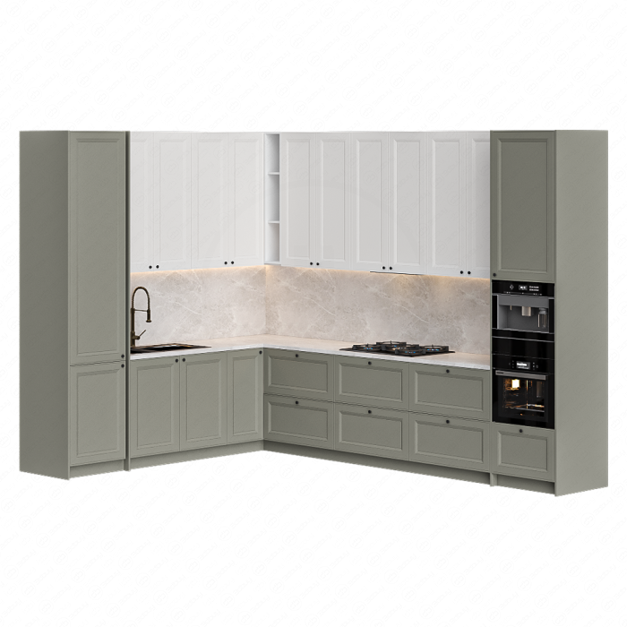 Кухня бежево-зеленая угловая