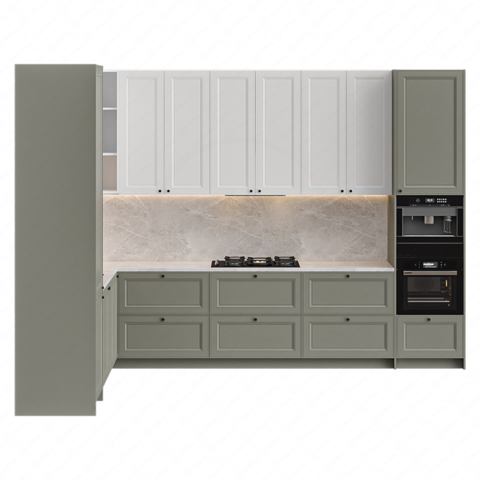 Кухня бежево-зеленая угловая