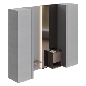 A minimalist-style entryway with a large floor mirror.