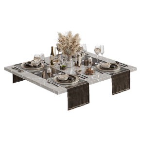 Decorative kitchen set with dishes and a vase.