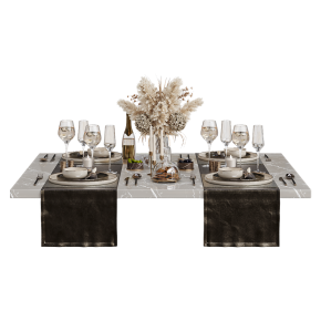 Decorative kitchen set with dishes and a vase.