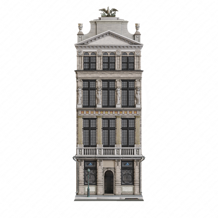 Бежевое здание со статуями