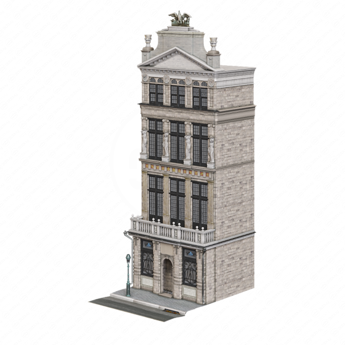 Бежевое здание со статуями