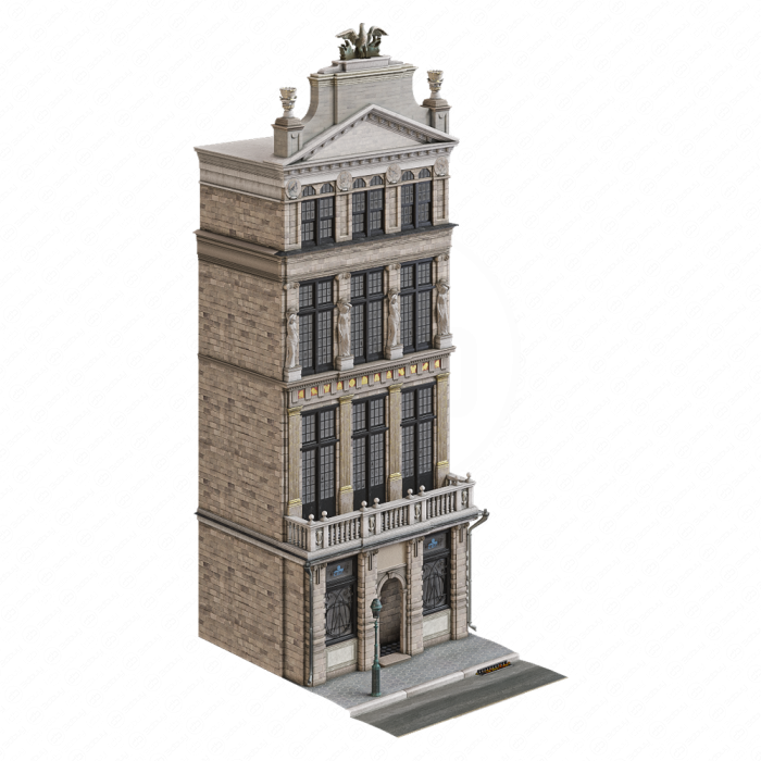 Бежевое здание со статуями