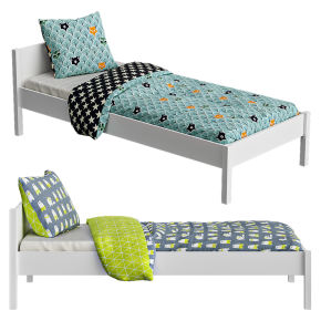 A children's bed with different bedding.