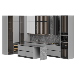 Кухня серая п-образная с островом