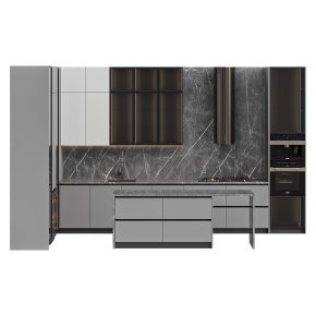 Кухня серая п-образная с островом