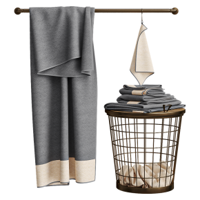 Bathroom towel set with a basket.