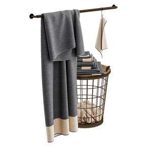 Bathroom towel set with a basket.