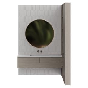Corner bathroom design with a round mirror and storage.