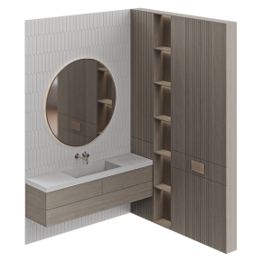 Corner bathroom design with a round mirror and storage.
