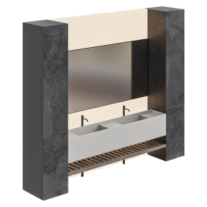 Bathroom with two sinks and a large mirror.