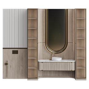 Wooden bathroom design with open storage.