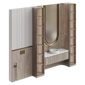 Wooden bathroom design with open storage.