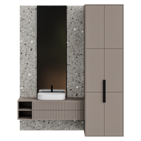 Bathroom with a wall-mounted vanity unit and enclosed storage.