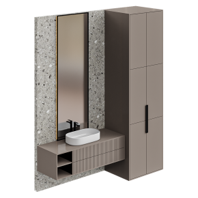 Bathroom with a wall-mounted vanity unit and enclosed storage.