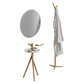 A towel rack and a bathroom table.