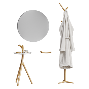 A towel rack and a bathroom table.