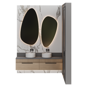 A corner bathroom design with two sinks.