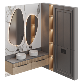 A corner bathroom design with two sinks.