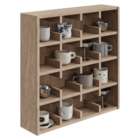 A shelf with mugs.