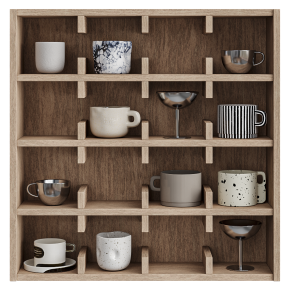 A shelf with mugs.