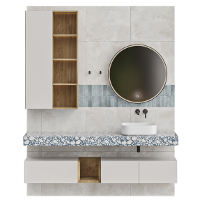 Bathroom furniture in light tones with a round mirror.