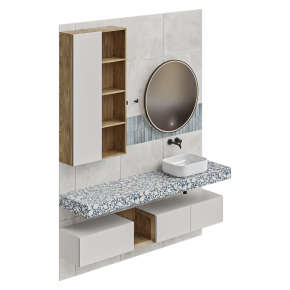 Bathroom furniture in light tones with a round mirror.