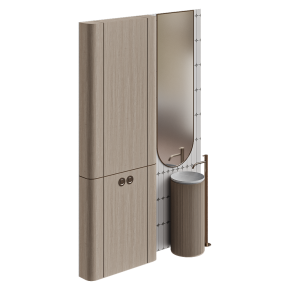 Bathroom furniture with a freestanding sink and faucet.