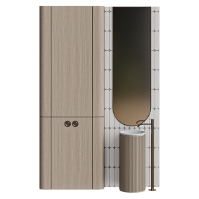 Bathroom furniture with a freestanding sink and faucet.