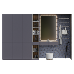 Gray entryway with a mirror and a pouf.