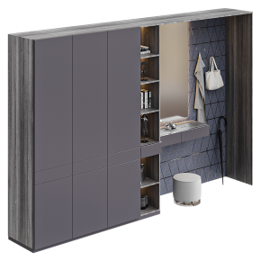 Gray entryway with a mirror and a pouf.