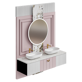 Bathroom design with two sinks and a round mirror EIT