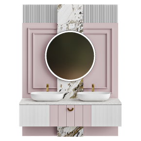 Bathroom design with two sinks and a round mirror EIT