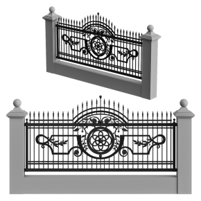 Wrought-iron fence with concrete.