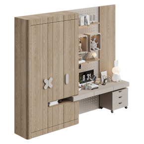 A writing desk with shelves and a cabinet.