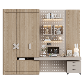 A writing desk with shelves and a cabinet.