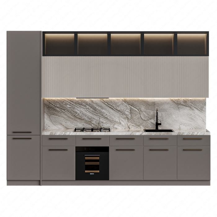 Кухня светло-бежевая прямая с подсветкой Кухня светло-бежевая прямая с подсветкой