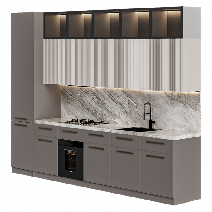 Кухня светло-бежевая прямая с подсветкой Кухня светло-бежевая прямая с подсветкой