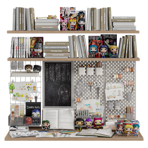 Toys, wall decor and a desk in a children's room for fans of K-pop, anime and manga.