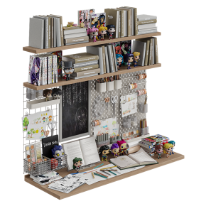 Toys, wall decor and a desk in a children's room for fans of K-pop, anime and manga.
