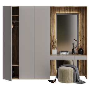 Gray hallway cabinet with wood elements.