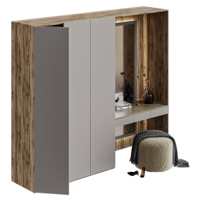 Gray hallway cabinet with wood elements.