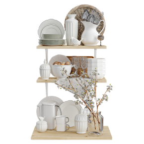A set of tableware and decor on the shelves in white tones.
