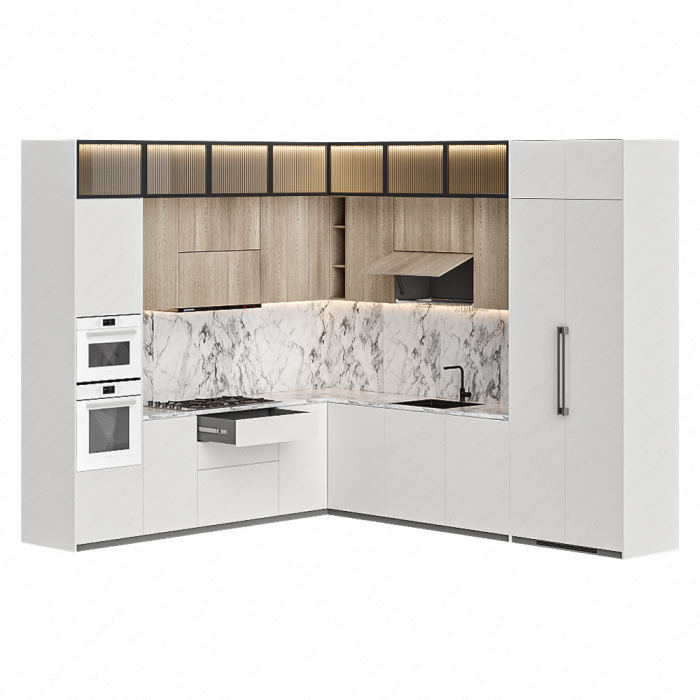 Кухня белая с шкафами под дерево