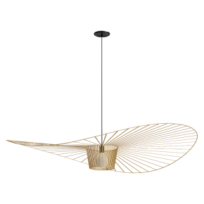 A modern chandelier in the shape of a hat.