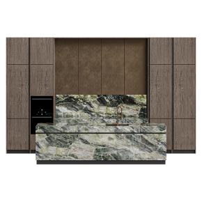 A brown kitchen with a marble island.