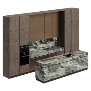 A brown kitchen with a marble island.
