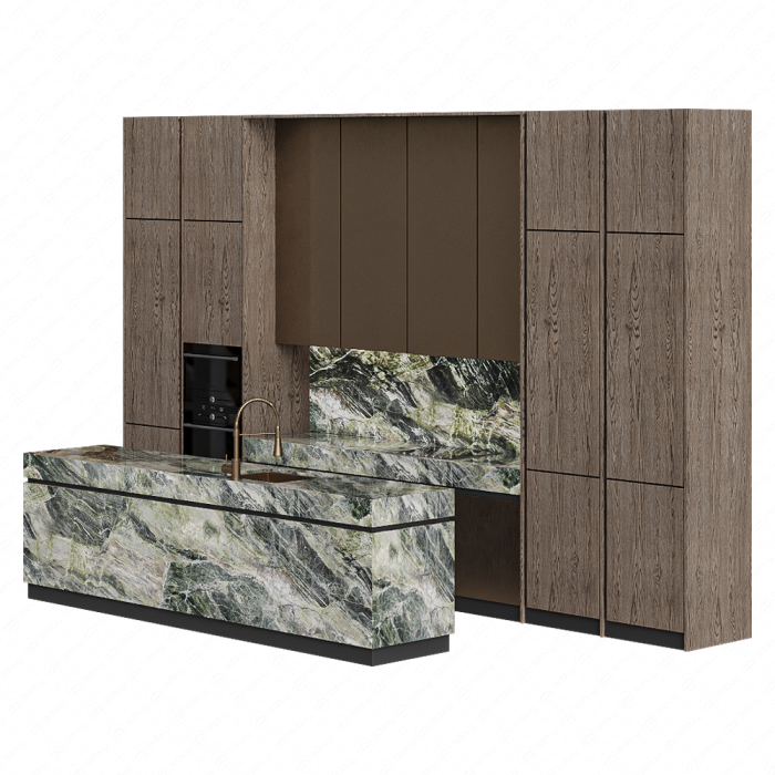 Кухня коричневая с островом из мрамора