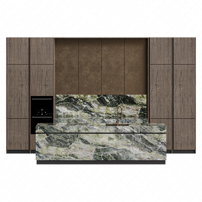 Кухня коричневая с островом из мрамора